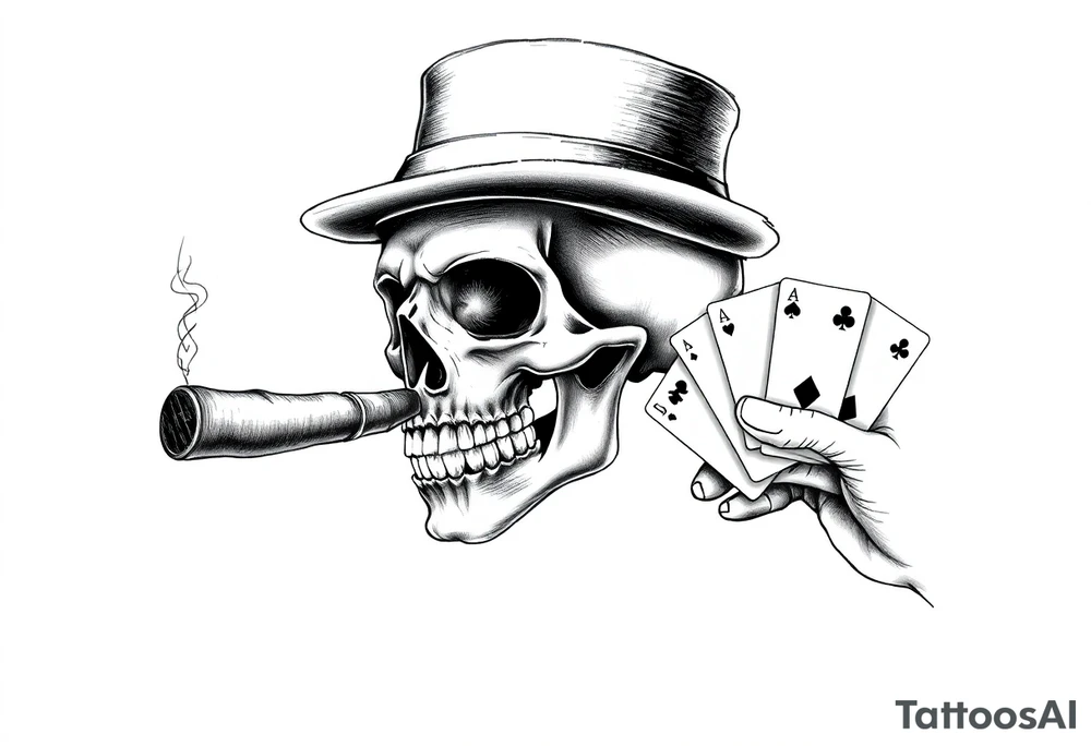 a skull with mustache, a big cigar in his mouth,top-hat on his head and playing cards in a hand. tattoo idea