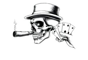 a skull with mustache, a big cigar in his mouth,top-hat on his head and playing cards in a hand. tattoo idea