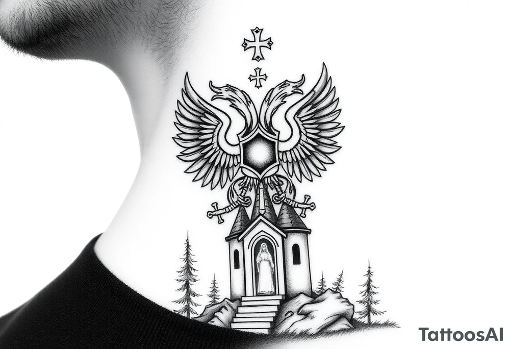 russian coat of arms double headed eagle traditional christian orthodox cross with a virgin mary stood in the entrance of a russian orthodox dome church on the side of the neck in a wilderness setting tattoo idea