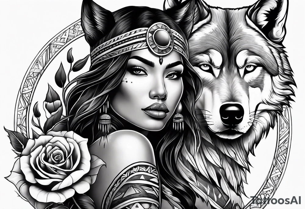Armored native American woman with a wolf and a cored rose tattoo idea
