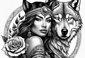 Armored native American woman with a wolf and a cored rose tattoo idea