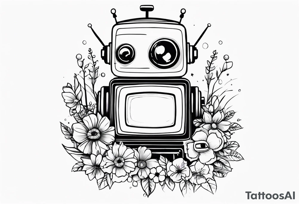 Abandoned Robot, television head, surrounded by flowers, forearm or wrist tattoo tattoo idea
