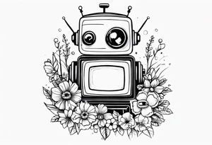 Abandoned Robot, television head, surrounded by flowers, forearm or wrist tattoo tattoo idea