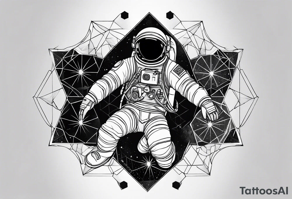 Astronaut floating in space with sacred geometry and hexagonal shapes tattoo idea