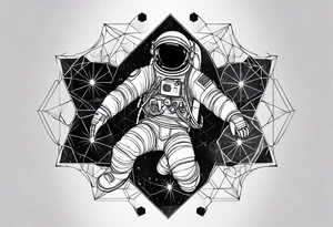 Astronaut floating in space with sacred geometry and hexagonal shapes tattoo idea