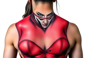 powerful female dominatrix wearing a red latex catsuit wearing a facemask tieing up her submissive tattoo idea
