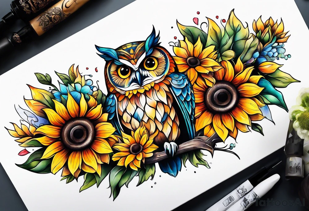 Leg sleeve with colorful sunflowers and an owl tattoo idea