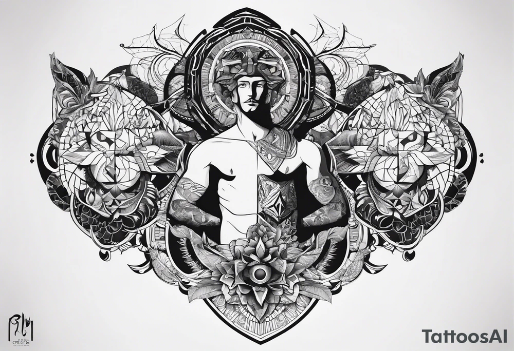 Men's chest tatto with two psychedelic entities facing each other, meaning that only  their sides are visible. Very mininalistic and more abstract rather than realistic tattoo idea