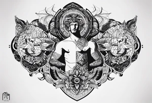 Men's chest tatto with two psychedelic entities facing each other, meaning that only  their sides are visible. Very mininalistic and more abstract rather than realistic tattoo idea