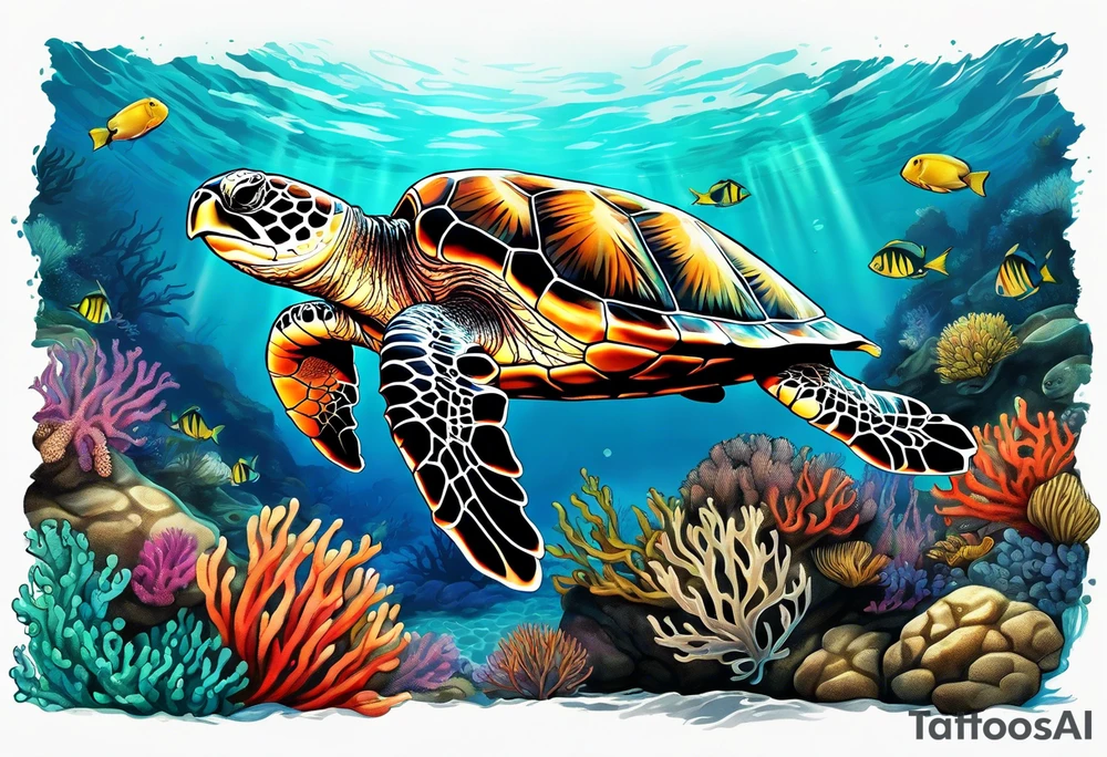 large sea turtle with the back right fin in lower left corner surrounded by coral and kelp tattoo idea