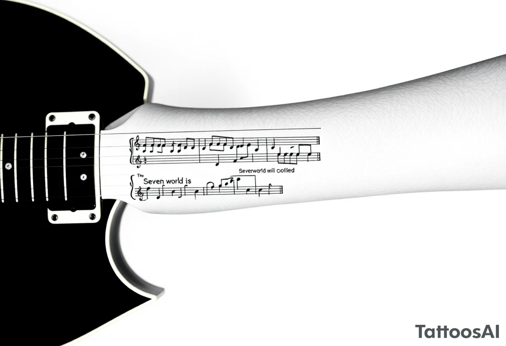Gibson Les Paul full guitar body with the vocal sheet music for the song Distant sun by crowded house printed on the fret board of the guitar with the vocal music and the words to the line  of the song"Seven worlds will collide" tattoo idea