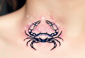 A minimalist crab drawn in black rests beneath white Cancer stars constellation scattered across a dusky rose sky. tattoo idea