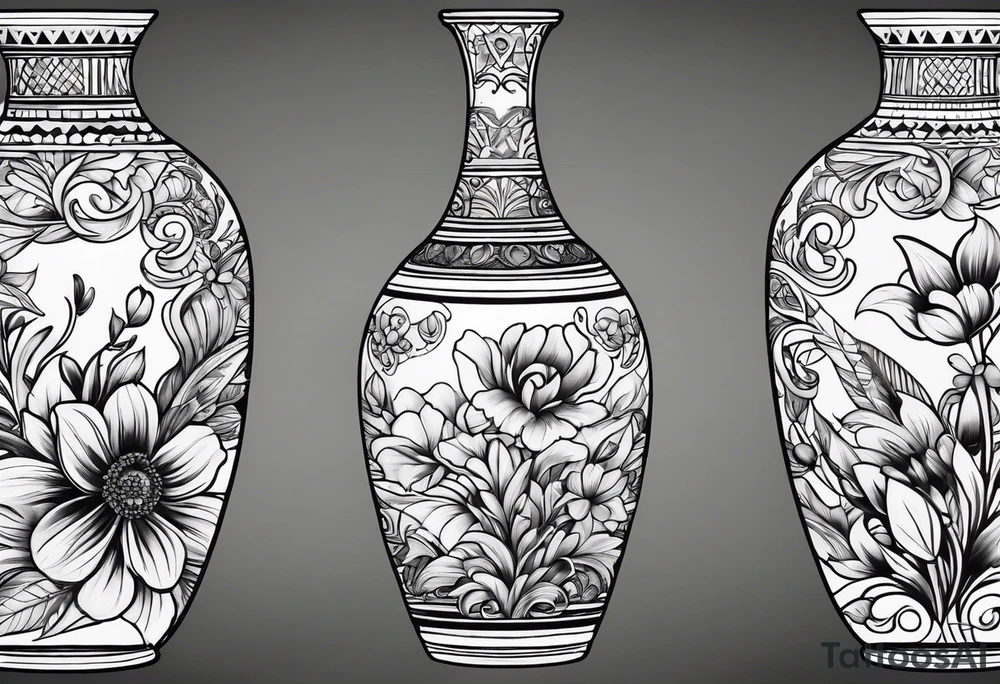 Traditional vase with patterns and flowers tattoo idea