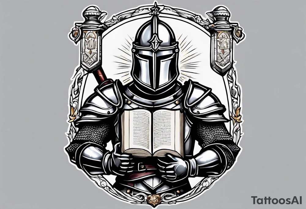 knight holding a bible over his head tattoo idea