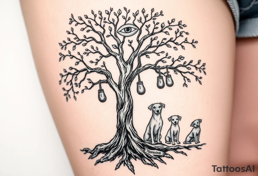 Hippy beech tree full of life. 
Jamie, Derek, Iris, John, bill, Winnie names in the roots, Mavis, Garhi, Mickey, Pam, Lucy, in the branches at the top. Names can be in Hebrew. 
Three dogs a Rhodesian Ridgeback, King Charles cavalier and chihuahua. 
Prett, feminine ornate. Boxing gloves hanging from tree maybe with an all seeing eye overseeing it all. Must be feminine and pretty tattoo idea