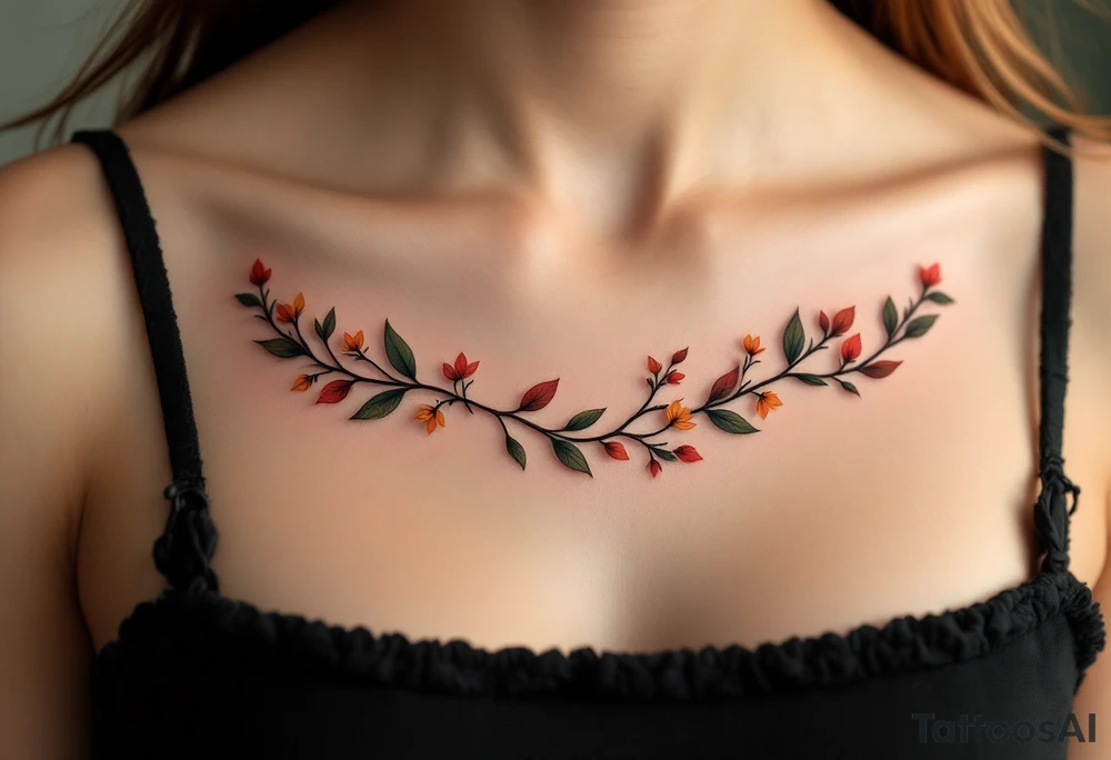 Two separate collarbone tattoos of long, stems and branches covered with red, orange, yellow and dark forest green leaves and flowers, academia, witchy, muted, delicate and gentle but moody, following the collarbone. More muted, not so bright, darker colors. Fewer amount of leaves, larger leaves. Less flowers and leaves. tattoo idea