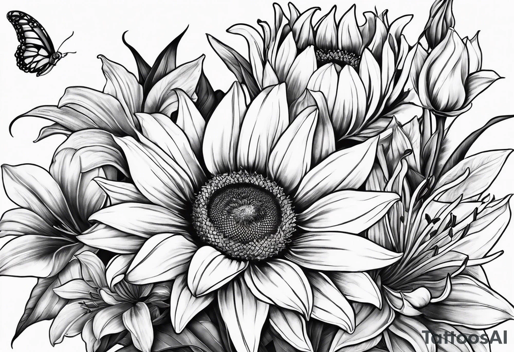 Lilies and sunflowers tattoo idea