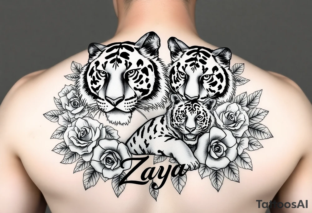 Beautiful, strong and fierce adult female tiger and her cub surrounded by roses and flowers with my daughters name “Zaya” half a sleeve on my arm tattoo idea