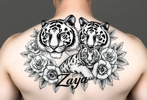 Beautiful, strong and fierce adult female tiger and her cub surrounded by roses and flowers with my daughters name “Zaya” half a sleeve on my arm tattoo idea