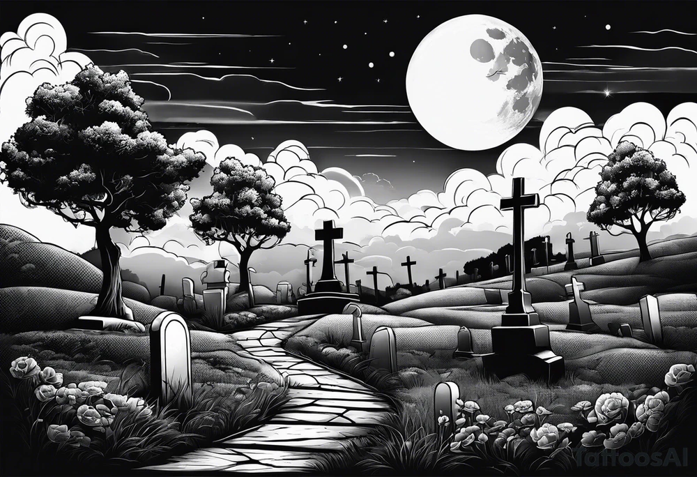 Cemetery on hills with clouds and moon tattoo idea