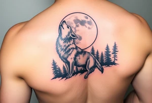 lone wolf howling at full moon with northern lights backdrop tattoo idea