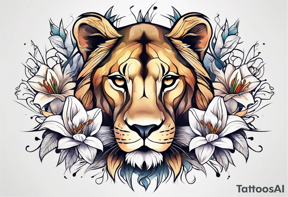 Lioness with lilies and color all over tattoo idea