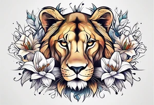 Lioness with lilies and color all over tattoo idea