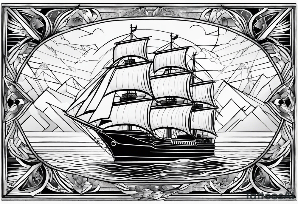 Ship with a Phoenix in the background. Geometric design layered through the design tattoo idea