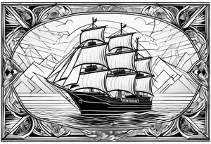 Ship with a Phoenix in the background. Geometric design layered through the design tattoo idea