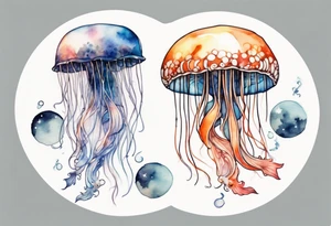 1 jellyfish with the moon in the lid. Then with mini koi carp and jellyfish swimming amongst the tentacles tattoo idea