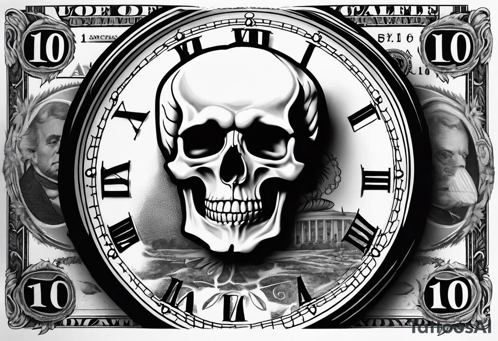 A 100 dollar bill with a skull faced president underneath a burning clock tattoo idea