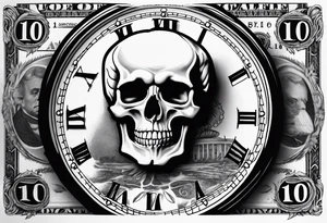 A 100 dollar bill with a skull faced president underneath a burning clock tattoo idea