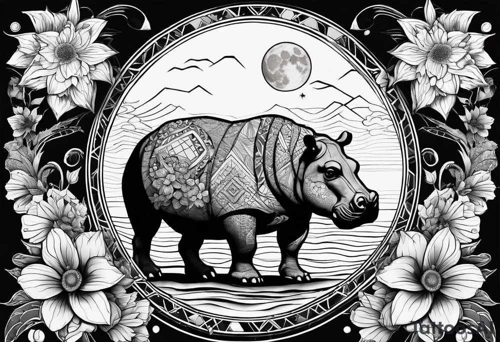 Hippo, flowers, moon, interstella, artic surreal,
Extreme fine lines, tribal, geometric, japanese, artistic tattoo idea