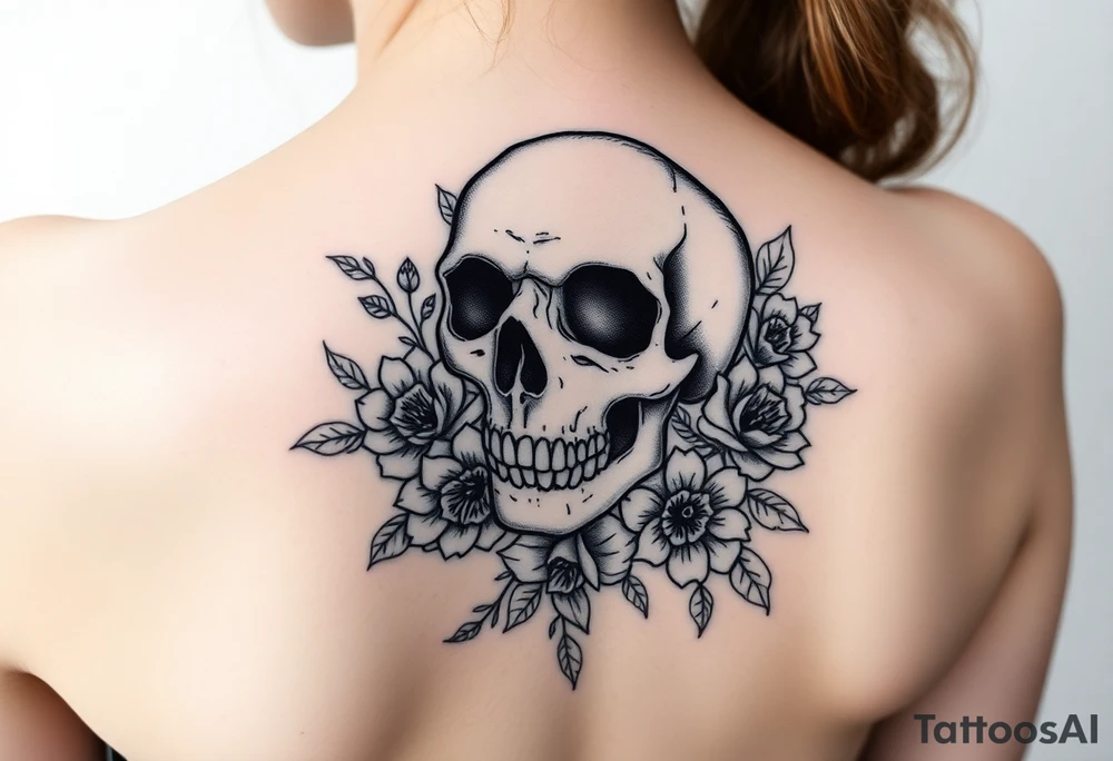 skull slightly facing left, surrounded by floral ornaments tattoo idea