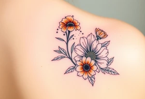 marigold, lily of the valley, and chrysanthemum tattoo idea