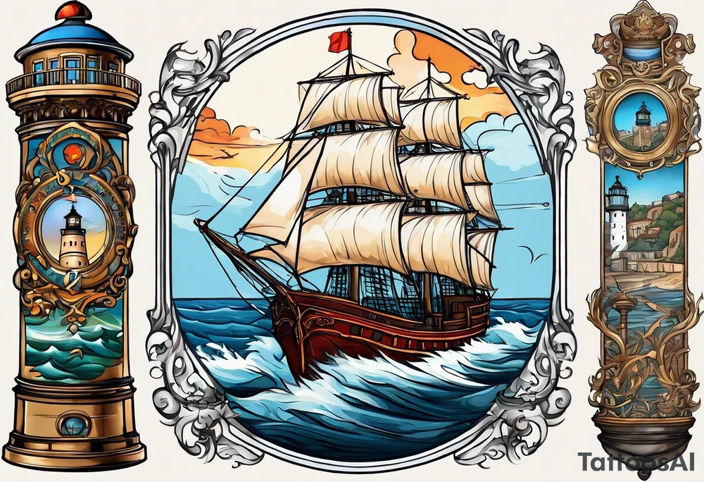The tattoo represents a harmonious maritime landscape of Odessa: Duke de Richelieu in the center, the steering wheel symbolizing determination, the lighthouse representing hope, and the Potemkin Stairs and the sea reflecting history and freedom. tattoo idea