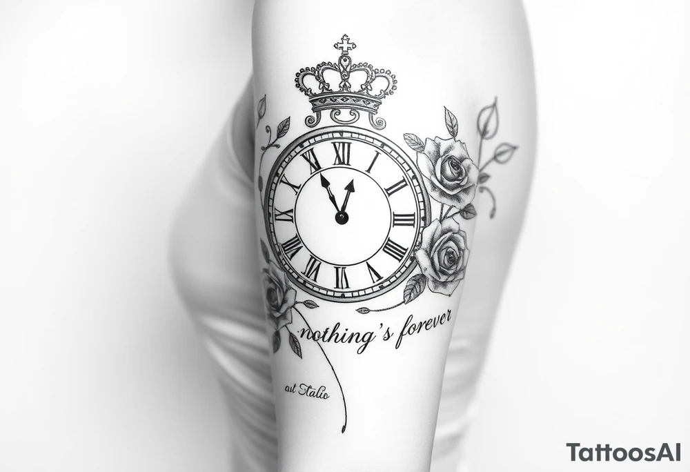Roman clock with a crown, surrounded by 3 roses and a quote that says nothings forever tattoo idea