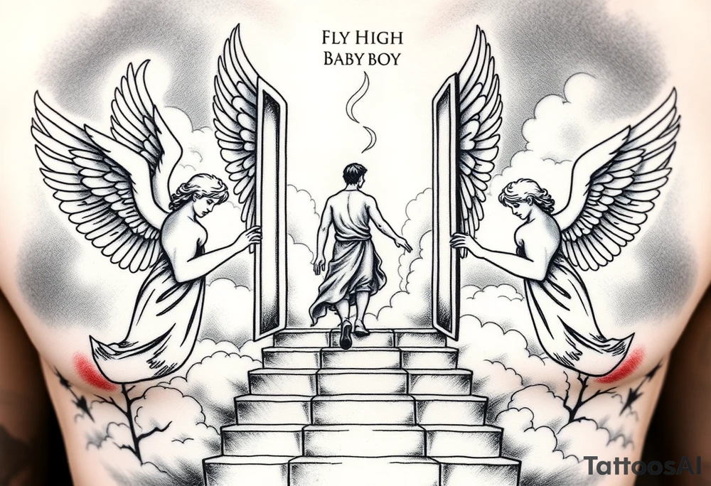 3 angels holding open the gates of heaven with the male figure walking up the steps.Saying fly high baby boy Realistic angels With clouds in the background and I won't text that I fly hi.Gh baby boy chess fully covered tattoo idea