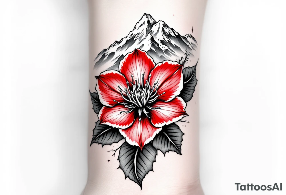 vertical wrist size red  and black rhododendron trippy with Himalayas behind tattoo idea