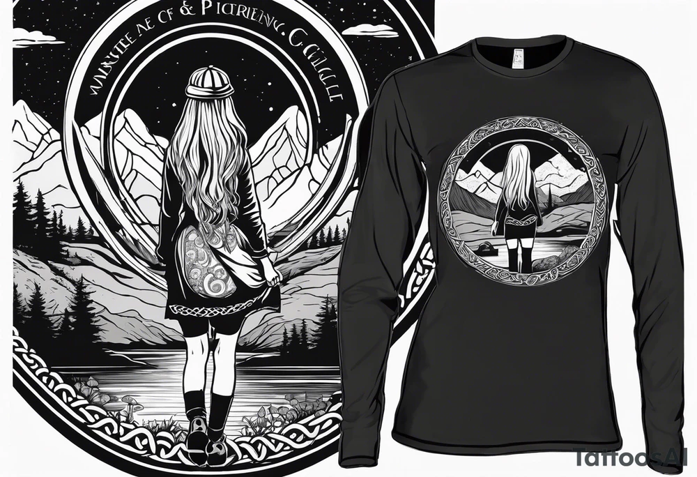 Whole picture encircled fully

Straight long blonde hair hippie girl in distance holding mushrooms in hand facing away toward mountains and creek surrounded by mushrooms long sleeve shirt and hiking pants; whole rendering within a full celtic circle border, no cut off circle tattoo idea