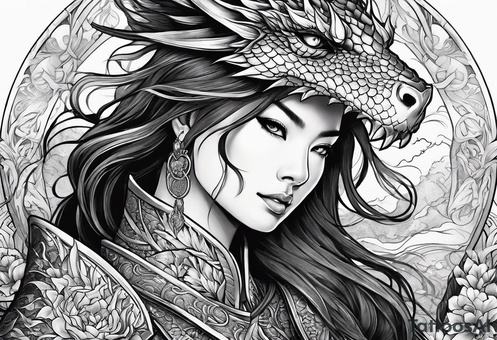 beautiful warrior woman wearing dragon armor and a floral background and a dragon a full picture tattoo idea