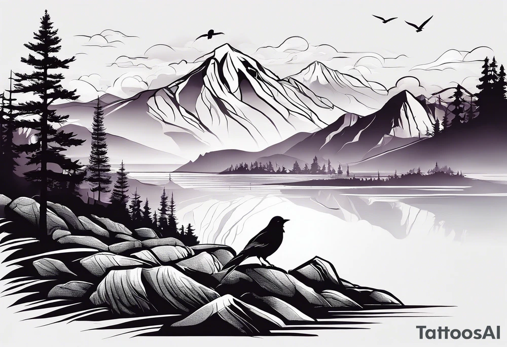 A mountain scape with trees. 5 silhouettes of birds. tattoo idea