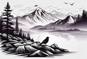 A mountain scape with trees. 5 silhouettes of birds. tattoo idea