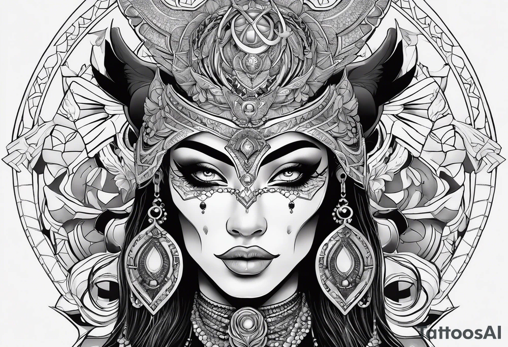 kali ma, alien goddess, valkrye, aries, pirate, divine feminine, zenza resonance, pachamama, lotus azul, blank panther, eagle, skull, 5D, nueva gaya, dna 12 tattoo idea