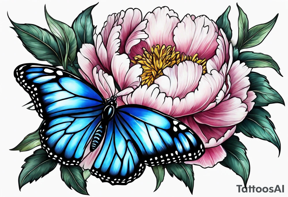 Peony with blue monarch butterflies tattoo idea