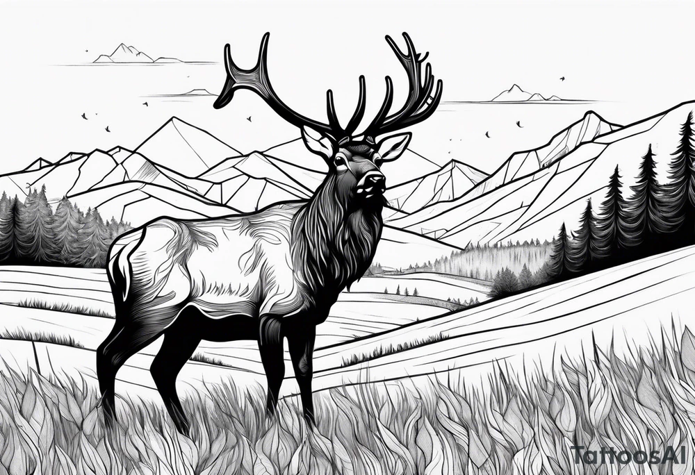 small elk in a field with mountains in the background tattoo idea