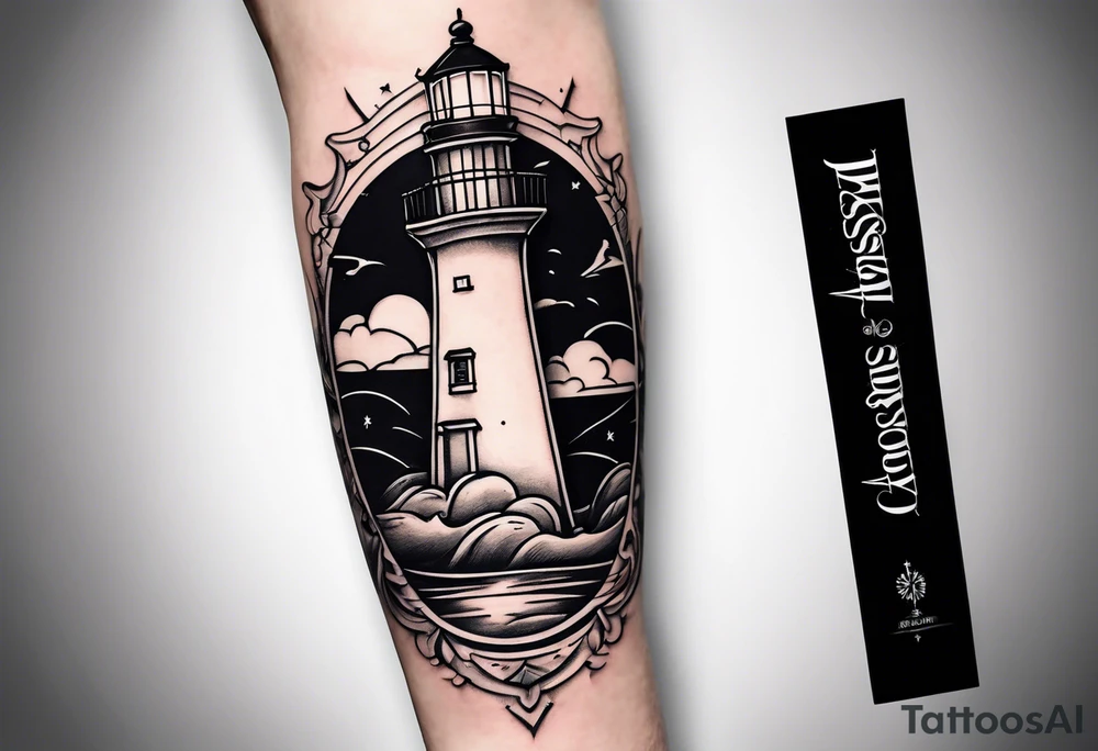 An open book with a lighthouse in the middle and a compass to wrap around forearm tattoo idea
