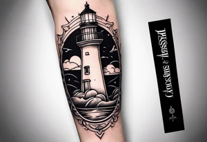 An open book with a lighthouse in the middle and a compass to wrap around forearm tattoo idea