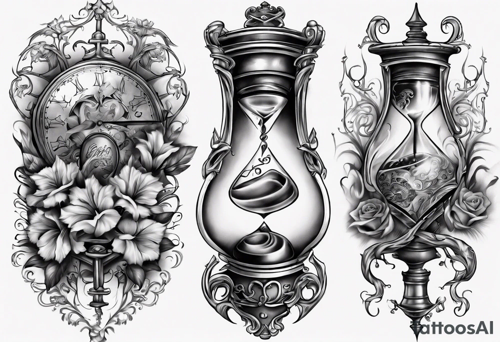 lots of filagree on the chest going onto the shoulder. include an hour glass tattoo idea