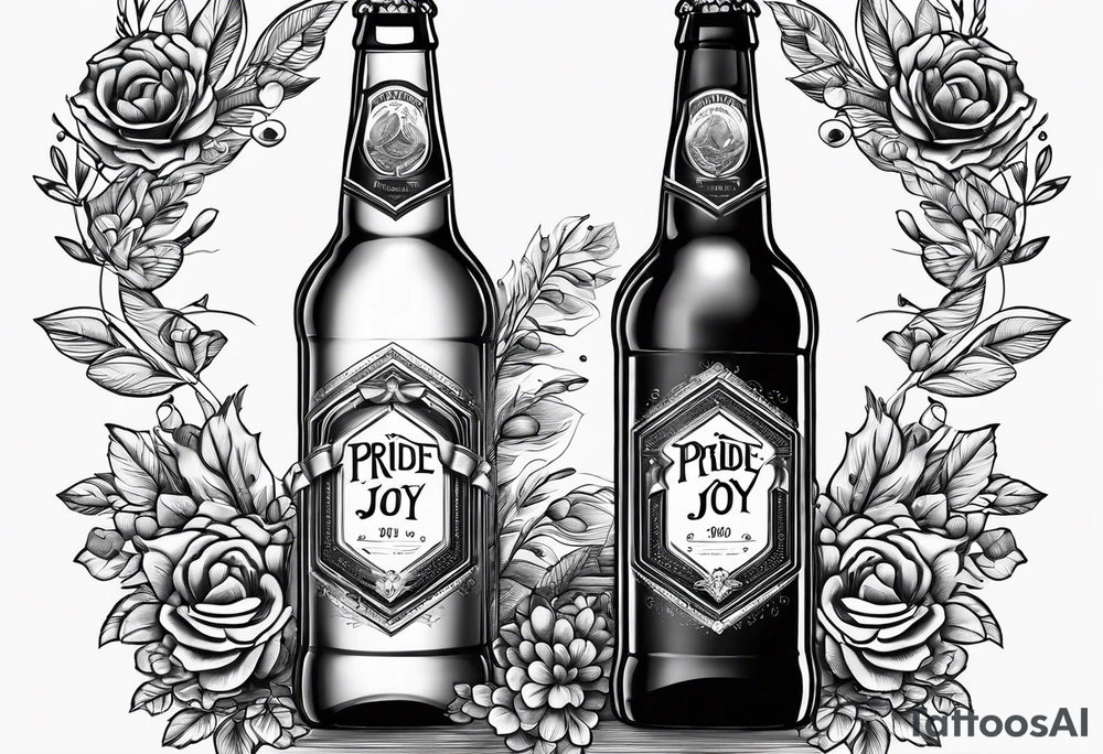 two beer bottles cheersing, labeled Pride and Joy tattoo idea two beer bottles cheersing, labeled Pride and Joy tattoo idea